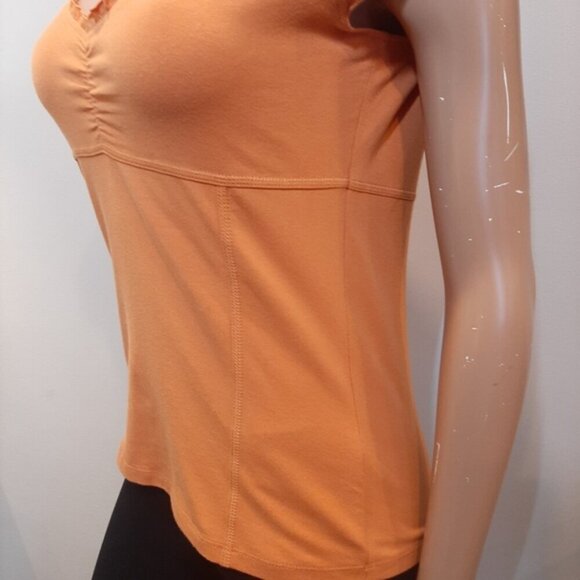 3/$20 LIZ & CO Cap Sleeve Tshirt Ruffled Vneck Shirred Empire Waist Top Pumpkin - Picture 5 of 11